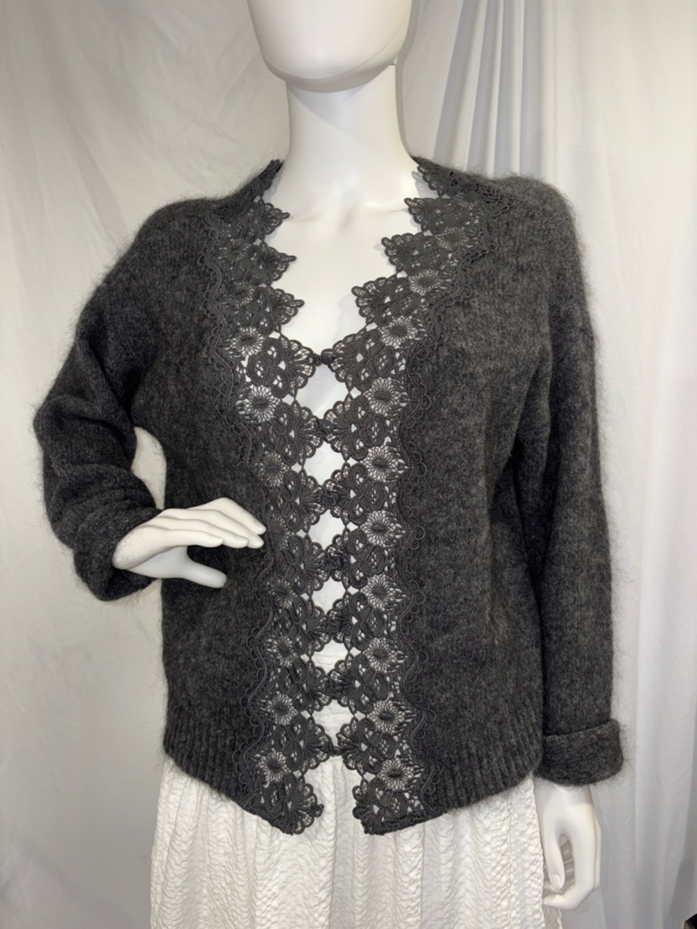 House of Harlow 1960 Charcoal Lace-Trim Open Cardigan